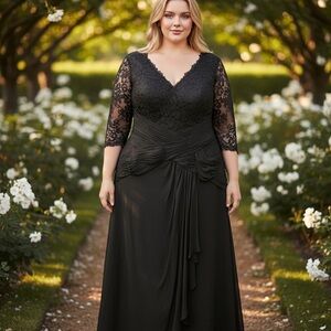 Azazie Elegant Black Lace Long Sleeve Gown